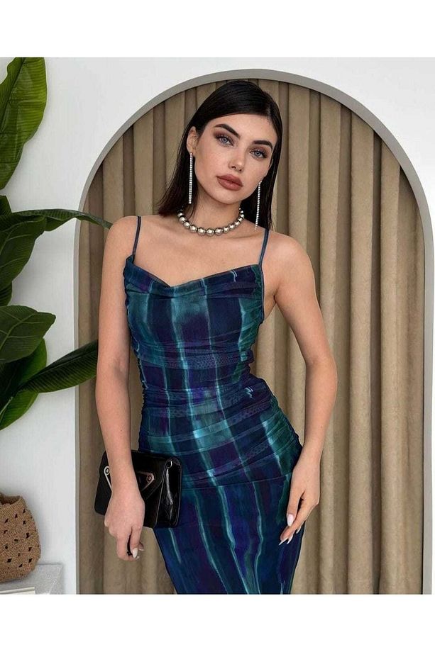 AYARLANABİLİR  ASKILI  SIRTI FERMUARLI ,ÖNÜ KOMPLE DRAPE MİDİ BOY TÜL ELBİSEMİZ 1.KALİTE - 5
