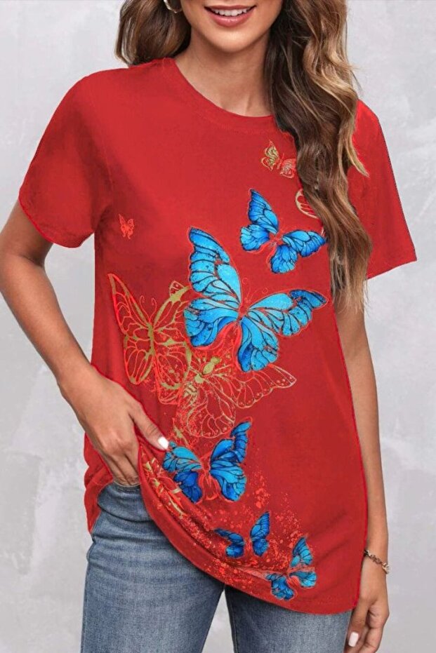 Women's Short Sleeve Blue Yellow Butterfly Print Single Jersey T-Shirt