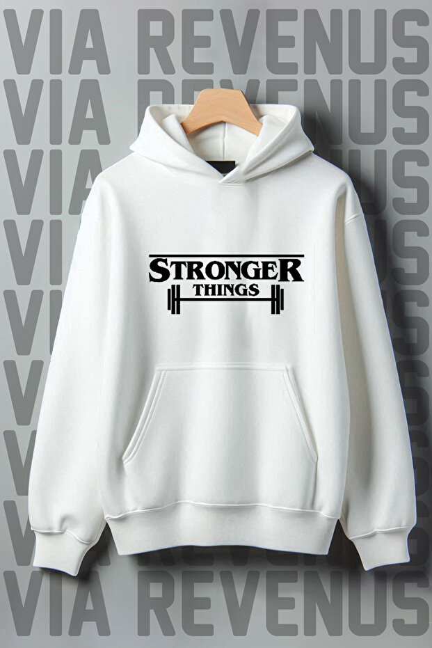 Stronger Things Gym Printed Kangaroo Pocket 3 Thread Raised Wide Fit Hooded Sweatshirt
