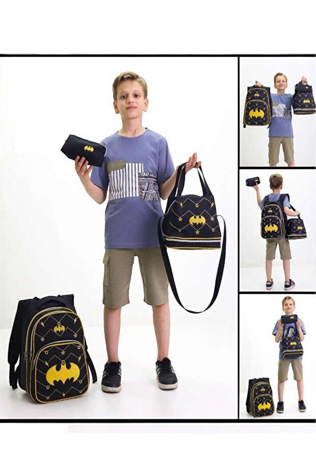 3-Piece School Set Boy's Backpack Set Bag Thermos Lunch Bag Pen Holder Yellow Black Model