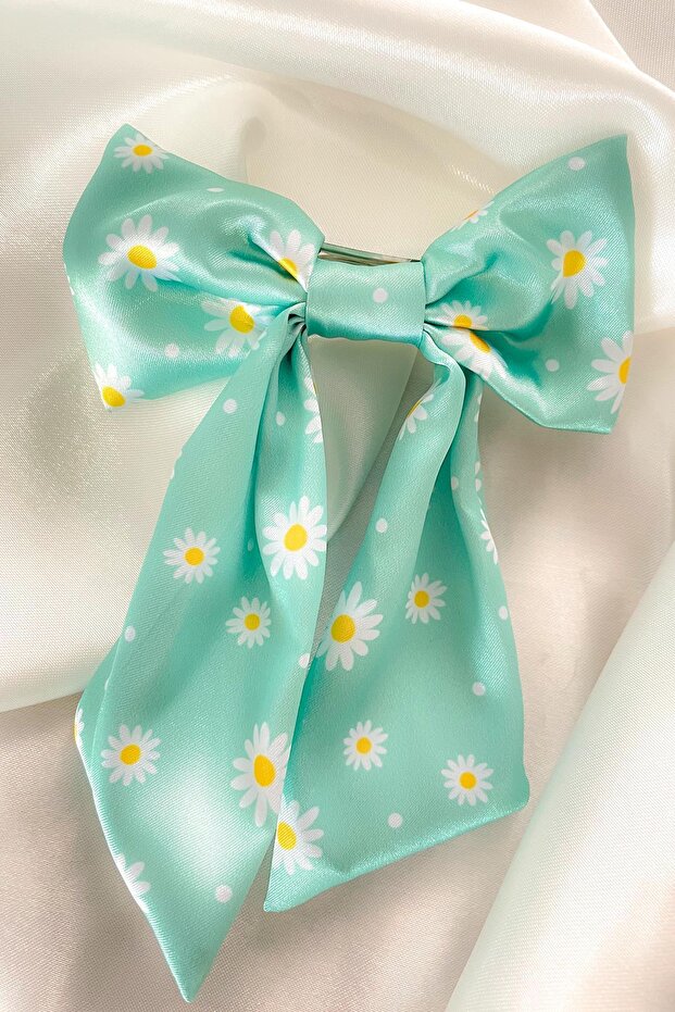 Green Daisy Patterned Bow Automatic Hair Clip - 1