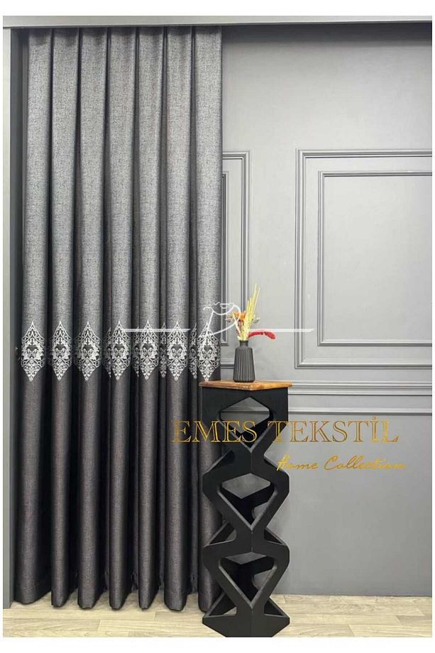 Siyah - Gri, Pano Fon Perde, Lüks Desenli Perde,A KALİTE,Blackout 1*3 Sık Pile,(TEK KANAT) - 3