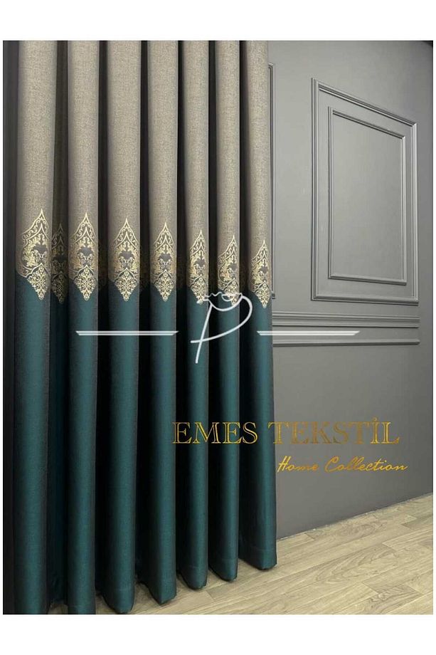 Taş - Yeşil Pano Fon Perde, Lüks Desenli Perde,A KALİTE,Blackout 1*3 Sık Pile,(TEK KANAT) - 2