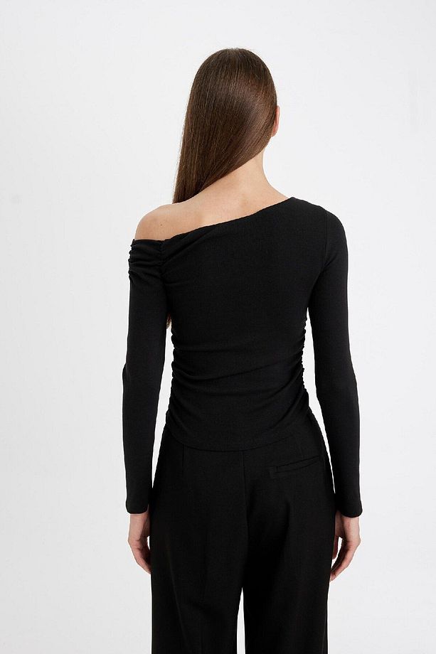 Siyah Slim Fit Dar Kesim Tek Omuzlu Ribana Basic Düz Uzun Kollu Tişört D4970ax24au - 6