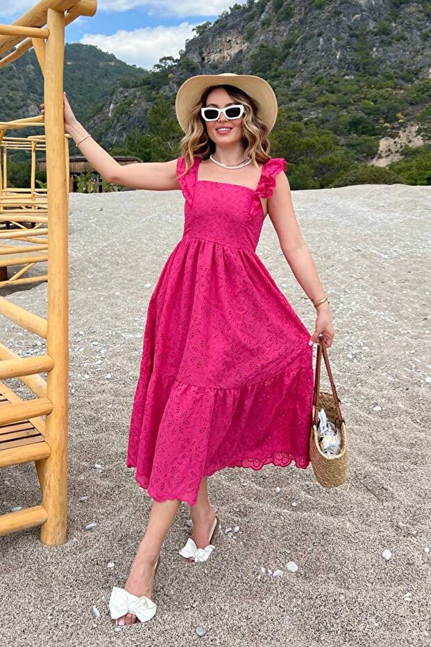 Women's Fuchsia Scalloped Lined Strap Midi Dress