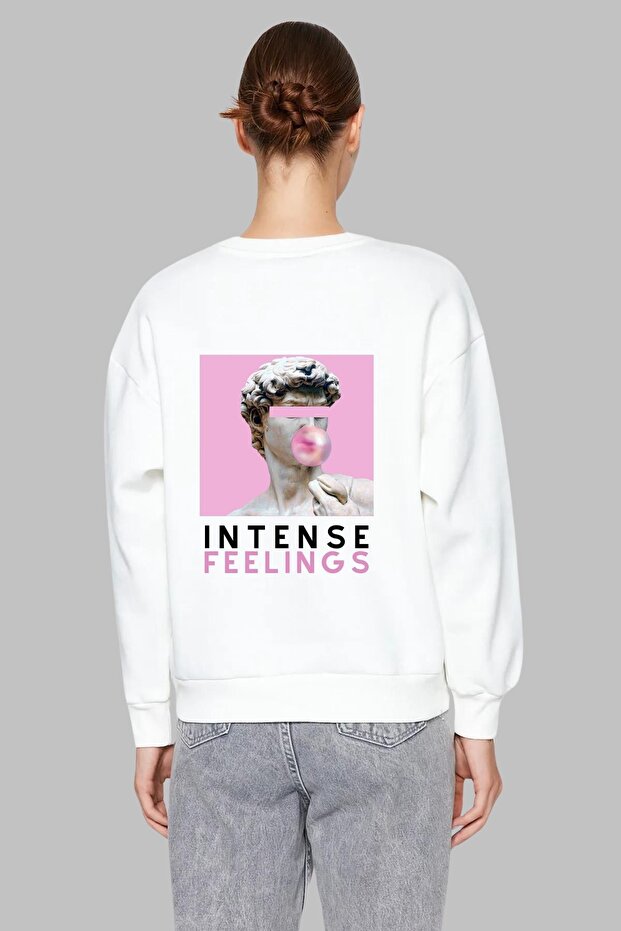 Unisex Oversize Long Sleeve Intense Feelings Printed Crew Neck Hoodless Sweatshirt