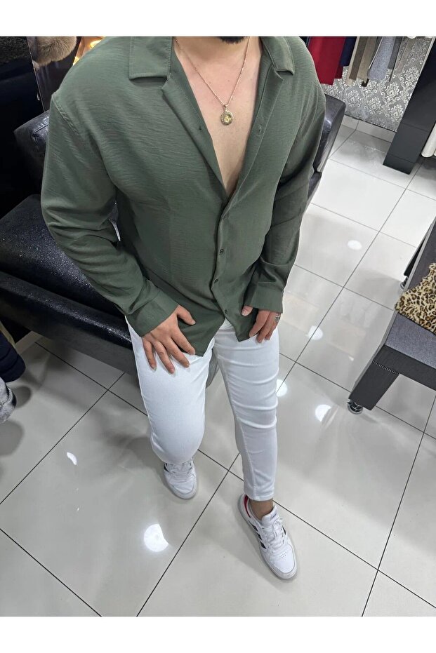 Summer Khaki Aerobin Loose Fit Long Sleeve Men's Shirt
