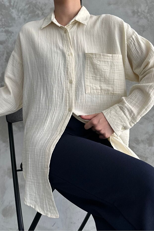 Kadın Krem Oversize Basic Pamuk Gömlek - 8