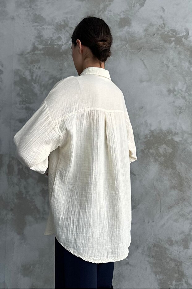 Kadın Krem Oversize Basic Pamuk Gömlek - 7