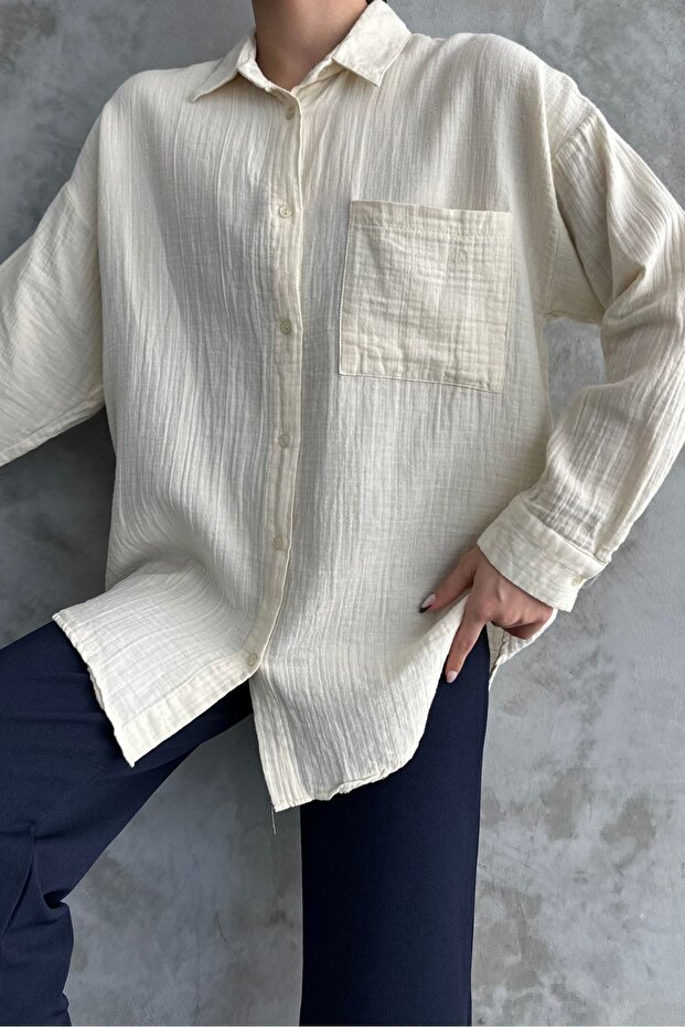 Kadın Krem Oversize Basic Pamuk Gömlek - 2