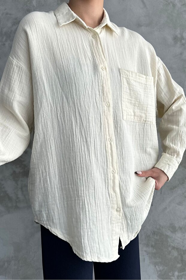 Kadın Krem Oversize Basic Pamuk Gömlek - 4