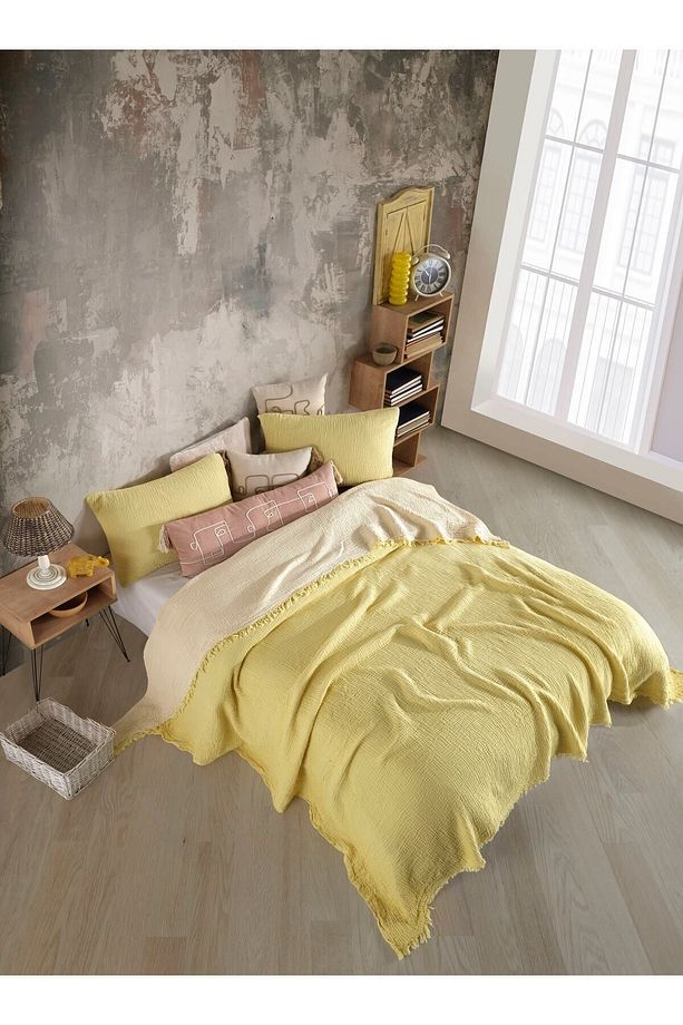 Sarı Renkli 4 Katlı Multi Muslin %100 Pamuk Tek Kişillik Yatak Örtüsü 160x240cm - 1