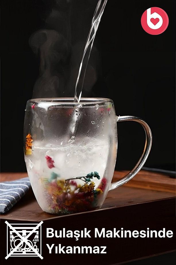 Çift Cidarlı 250ml Kulplu Cam Kupa 2'li - Çiçekli - 4