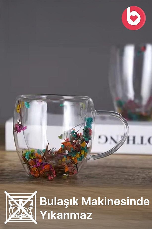 Çift Cidarlı 250ml Kulplu Cam Kupa 2'li - Çiçekli - 5