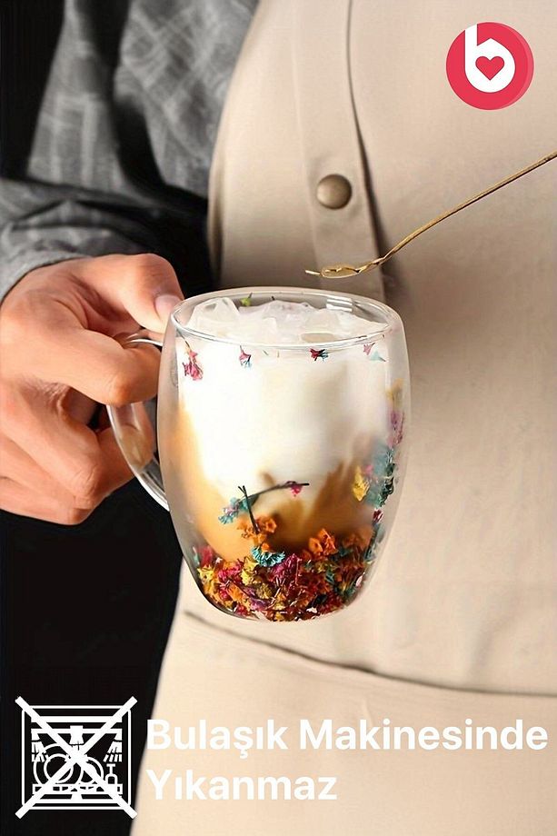 Çift Cidarlı 250ml Kulplu Cam Kupa 2'li - Çiçekli - 7