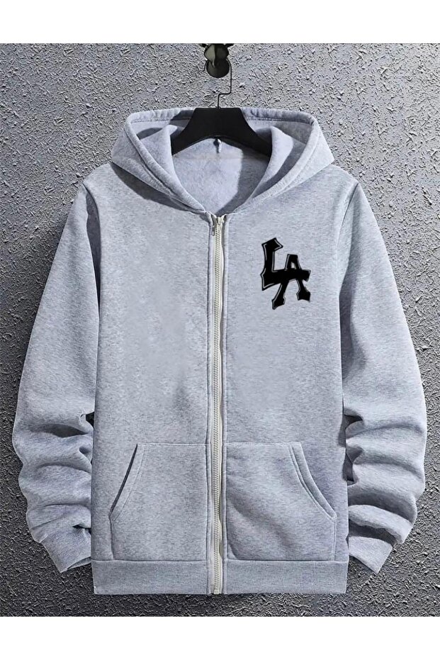 Men's Gray Oversize La Written Zippered Jacket