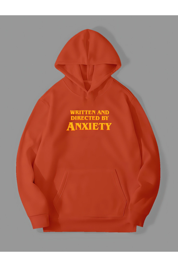 3 thread anxiety printed orange kangaroo pocket hooded sweatshirt hoodie