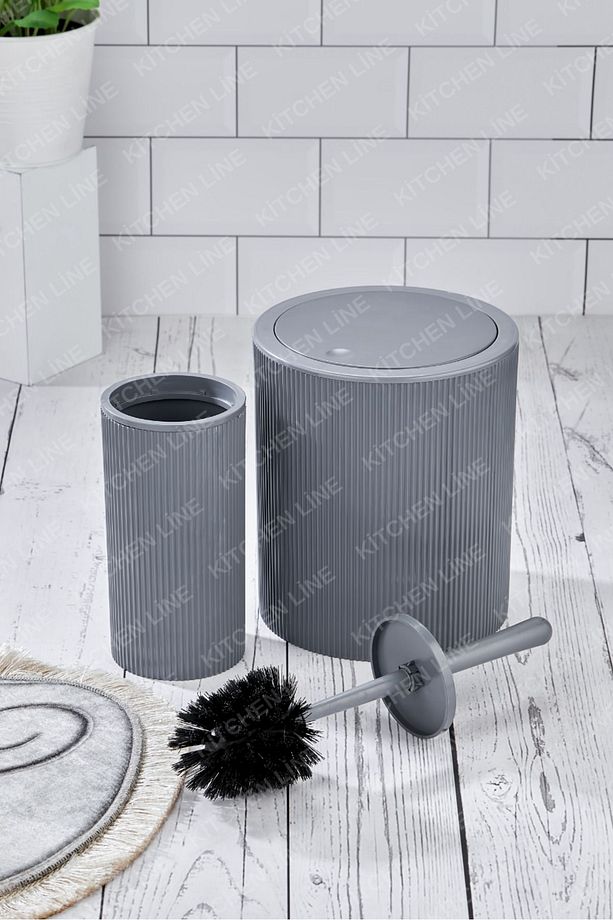Yuvarlak Çöp Kovası & Yuvarlak Tuvalet Fırçası Seti Ikili Banyo Seti Açık Gri - 3