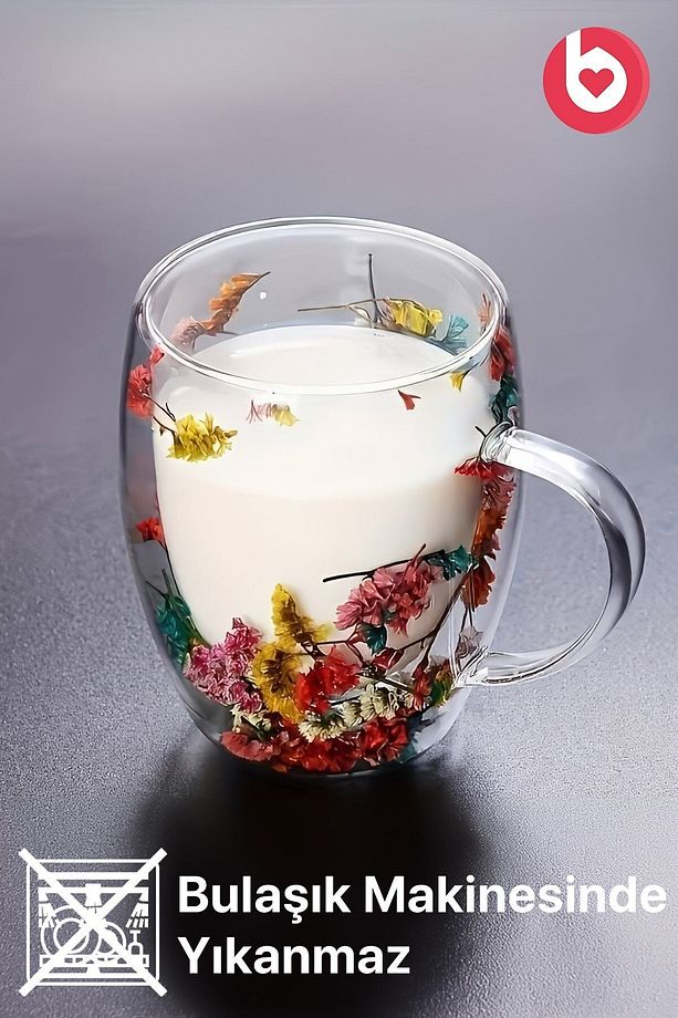 Çift Cidarlı 350ml Kulplu Cam Kupa 2'li - Çiçekli - 3