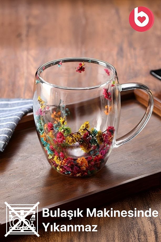 Çift Cidarlı 350ml Kulplu Cam Kupa 2'li - Çiçekli - 4