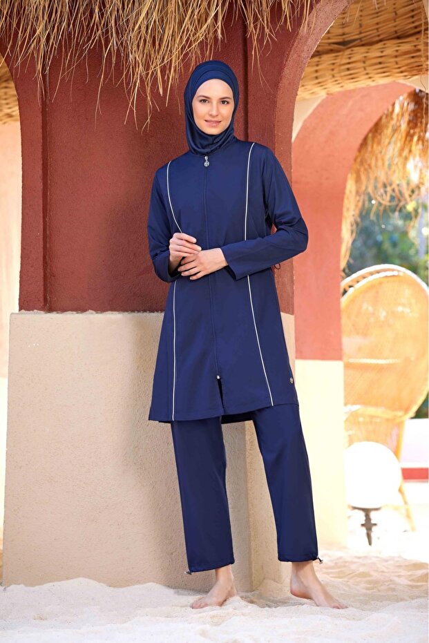 Women's Front Zippered Dark Navy Blue Parachute Fabric Quick-Drying Fully Covered Hijab Swimsuit