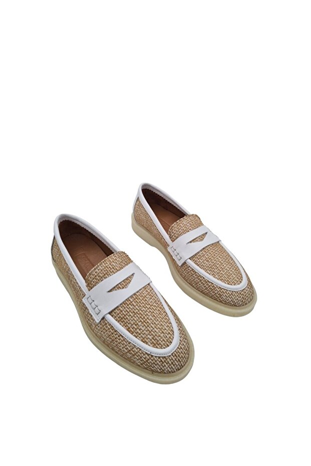 Genuine Leather Linen Detailed Women's White Casual Shoes