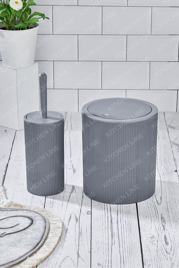 Yuvarlak Çöp Kovası & Yuvarlak Tuvalet Fırçası Seti Ikili Banyo Seti Açık Gri - 1