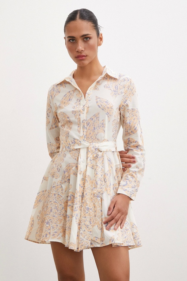 Godeli Desenli Elbise Krem - 4