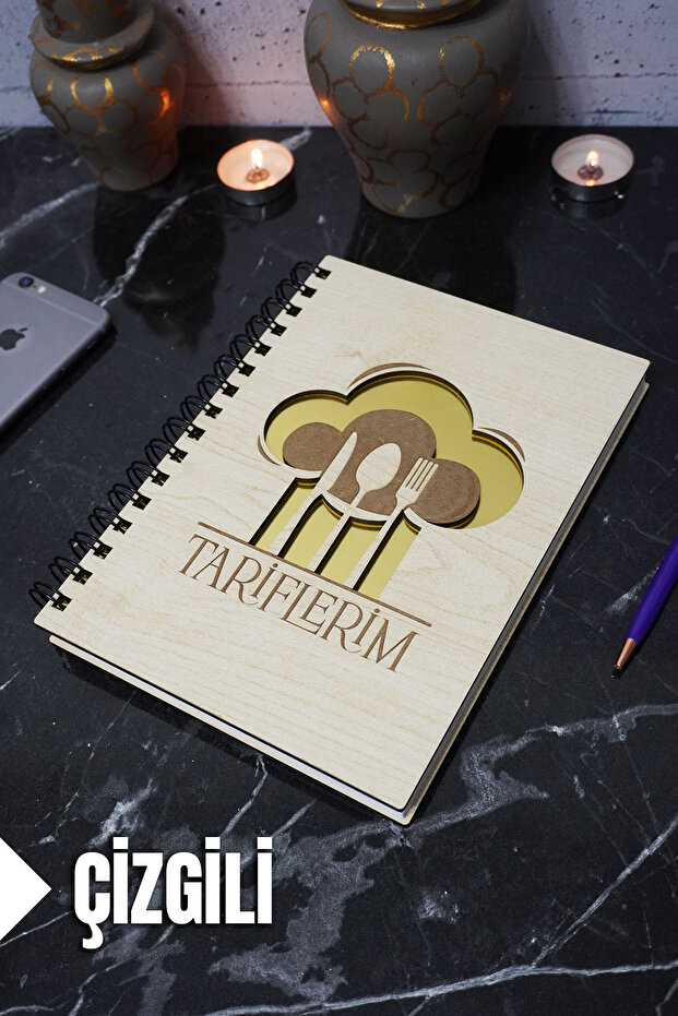 Kitchen Themed Wooden Cover Notebook - Lined Recipe Book - Agenda - School Notebook (A5 - 120 Pages)
