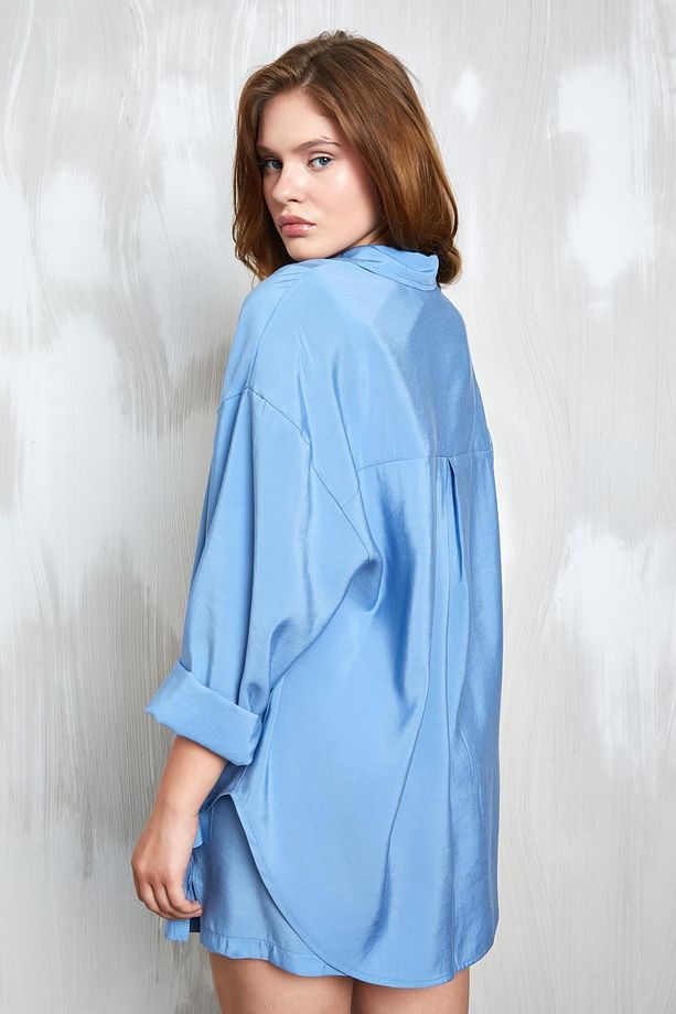Mavi Modal Kumaş Oversize Gömlek/Şort Alt-Üst Takım 27376 - 7