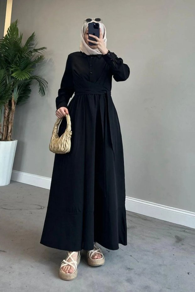 Poplin Fabric Hijab Dress - Shirt Collar and Tie Detail - Black