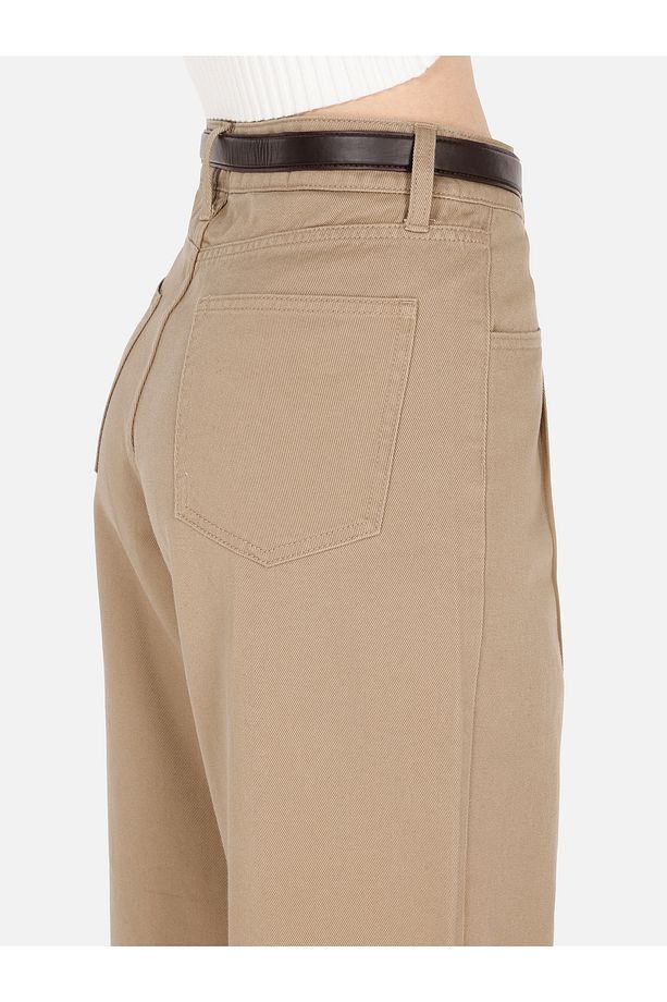 Regular Fit Geniş Paça Yüksek Bel Bej Kadın Pantolon - 6