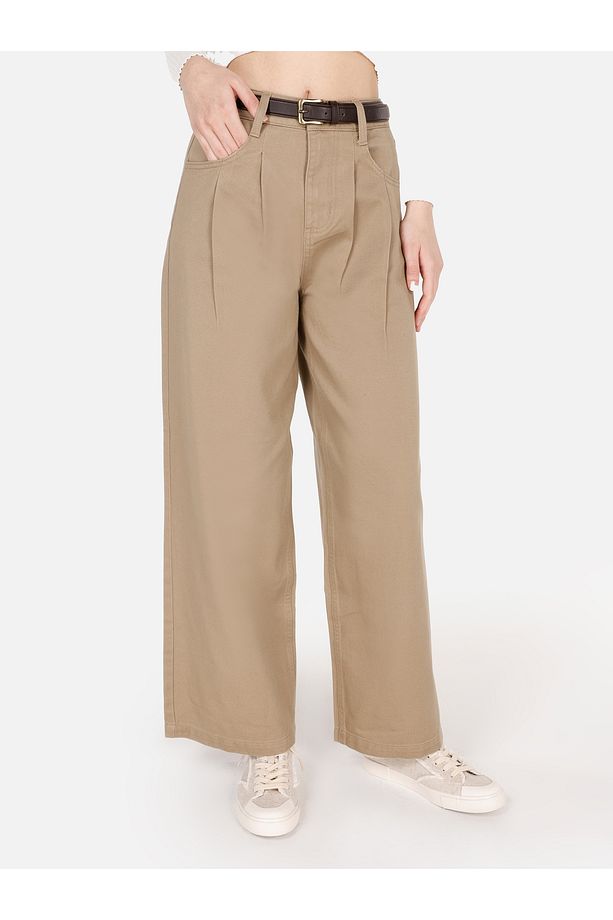 Regular Fit Geniş Paça Yüksek Bel Bej Kadın Pantolon - 4