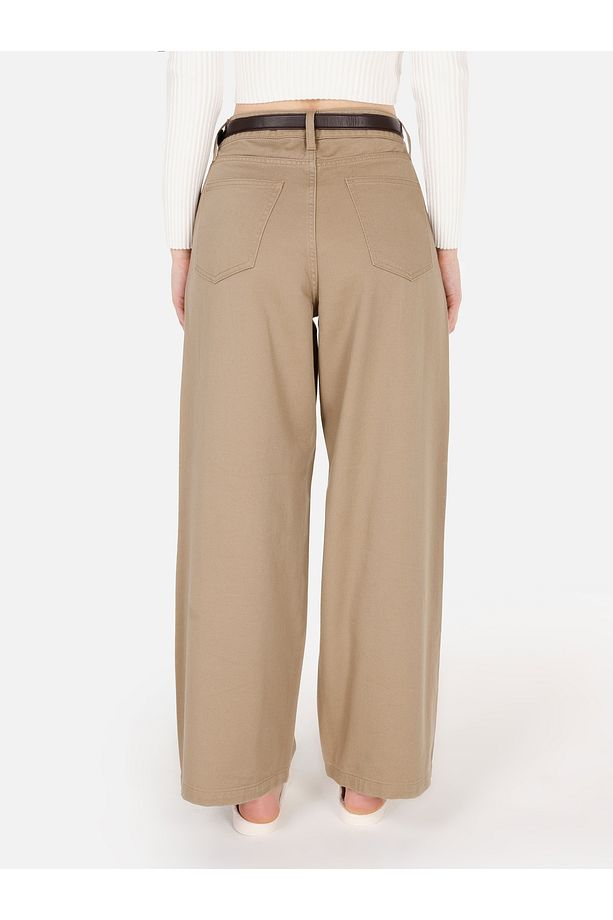 Regular Fit Geniş Paça Yüksek Bel Bej Kadın Pantolon - 2