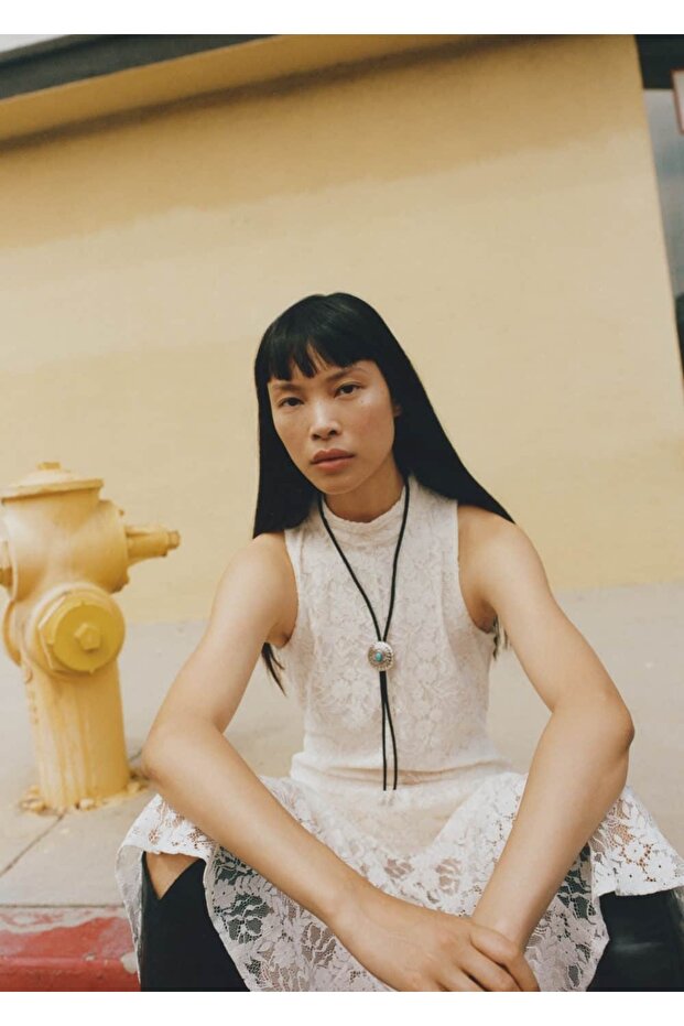 Dantel detaylı uzun elbise - 6