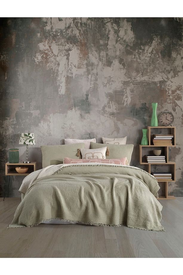 Adaçayı Yeşili 4 Katlı Multi Muslin %100 Pamuk Tek Kişillik Yatak Örtüsü 160x240cm - 1