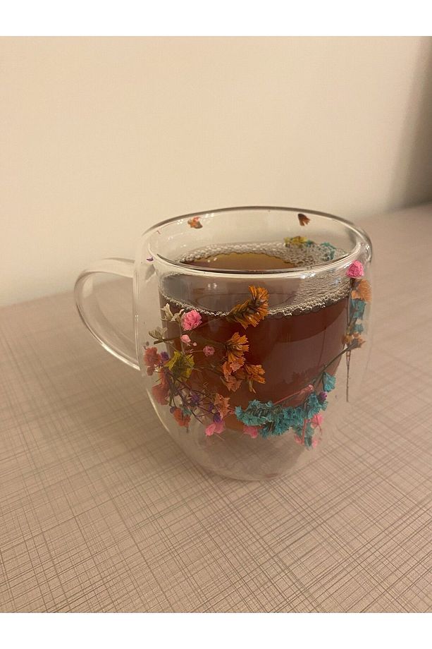 Çift Cidarlı Camlı Kurutulmuş Çiçekli Cam Kupa Bardak Borosilikat - 3