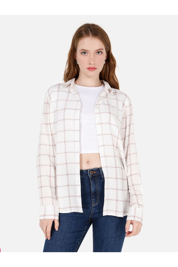Regular Fit Shirt Collar Checked White Women's Long Sleeve Shirt