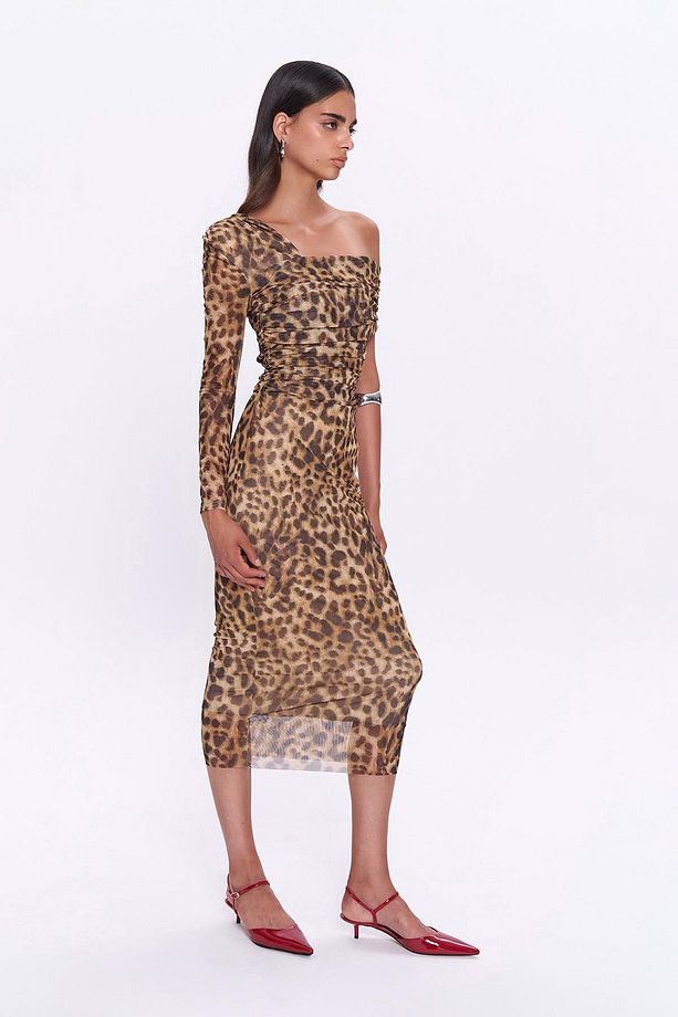 Leopar Desenli Midi Elbise Kahve - 4