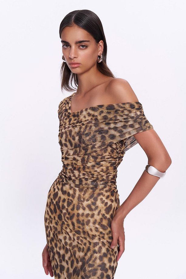 Leopar Desenli Midi Elbise Kahve - 3