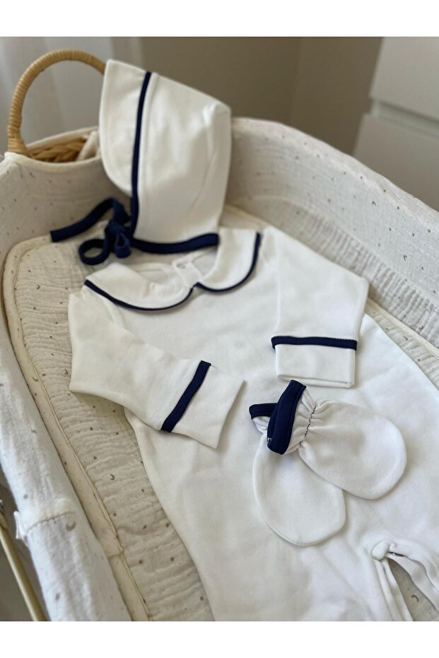 Newborn Hospital Take-Home Set of 3 Navy Piped Jumpsuit Set