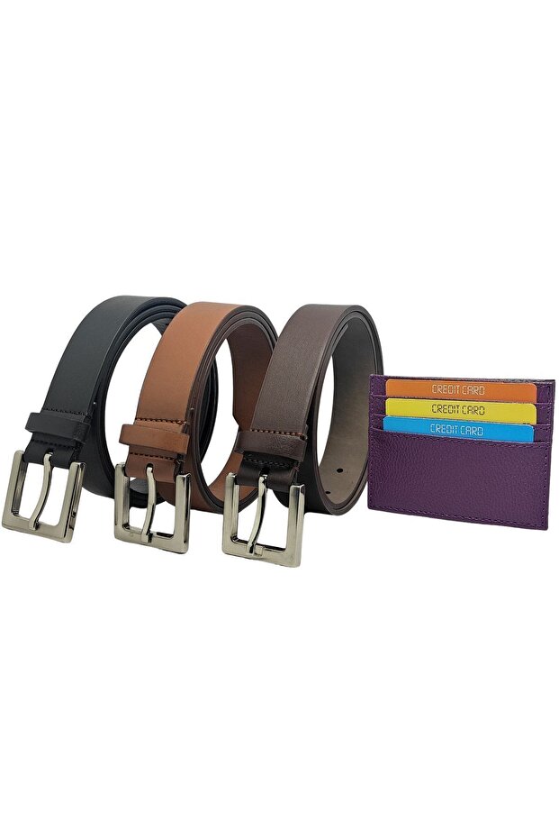 3-Pack Square Silver Buckle Thin Belt, Trouser Belt, Shirt Belt, Jacket Belt and Card Holder Wallet