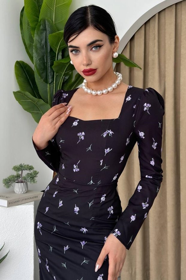 Women's Floral Print Crepe Fabric Square Neck Long Sleeve Midi Length Black Dress 208