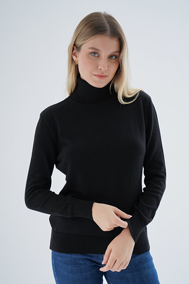 Women's Black 100% Organic Cotton Turtleneck Sweater Trist-6103