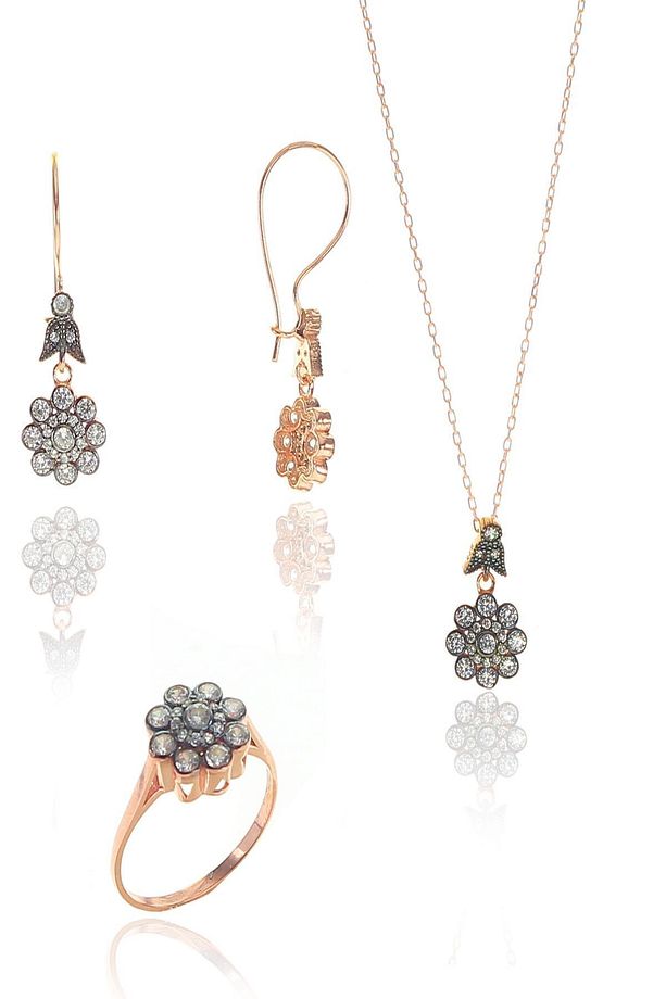 Gümüş Rose Zirkon Taşlı Elmas Montürlü Çiçek Modeli Set 15 - 1