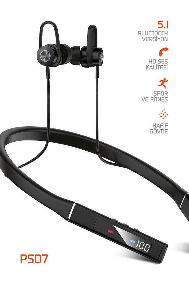 PS07 Bluetooth Kulaklık Sporcu Boyun Bantlı Ense Tipi Ekranlı Anti Anc Mıknatıslı Kablosuz - 3