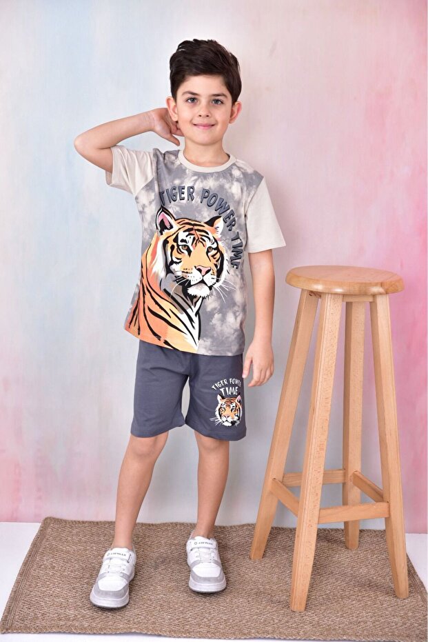BOY'S TIGER PATTERNED COTTON COMBED SHORTS 2-Piece SET