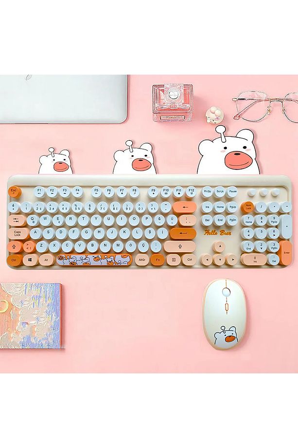 Sevimli Ayıcık Desenli Kablosuz Klavye & Mouse Set - Türkçe, Renkli ve  Yuvarlak Tuşlar ! - 1