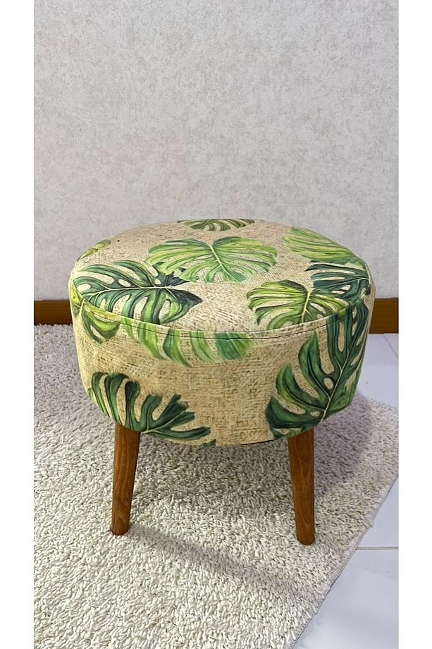 Hasır Desenli Puf Bench Ahşap Ayaklı Dekoratif Yaprak Desenli Puf Bench - 4