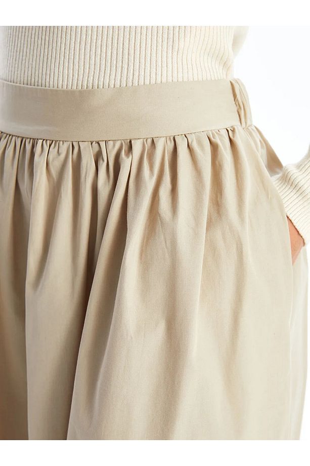 LCWAIKIKI Classic Bej Beli Lastikli Poplin Kadın Etek - 3